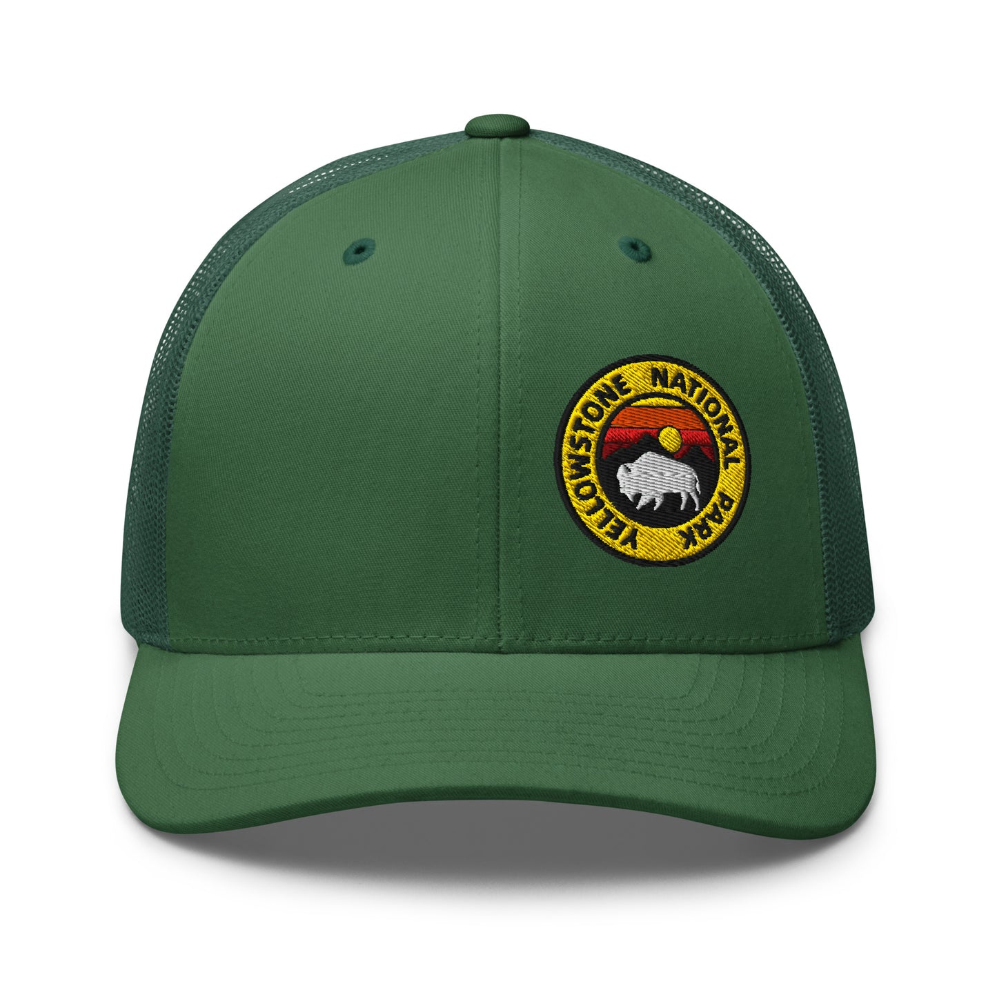 Yellowstone National Park Buffalo Sunset Hat - Yupoong 6606 Trucker Hat - Front View Color: Evergreen