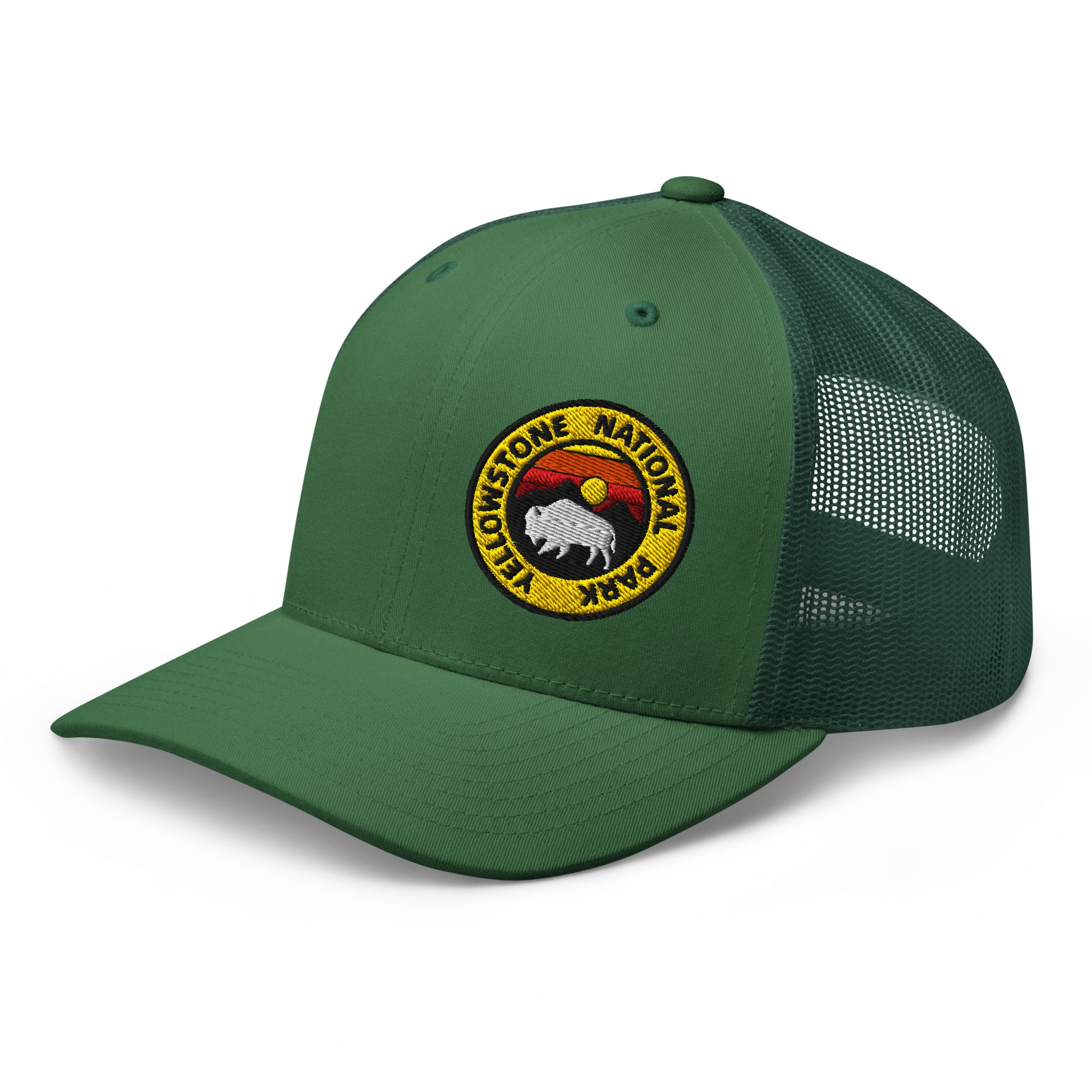 Yellowstone National Park Buffalo Sunset Hat - Yupoong 6606 Trucker Hat - Side View Color: Evergreen