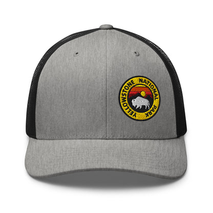 Yellowstone National Park Buffalo Sunset Hat - Yupoong 6606 Trucker Hat - Front View Color: Heather Gray/Black