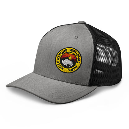 Yellowstone National Park Buffalo Sunset Hat - Yupoong 6606 Trucker Hat - Side View Color: Heather Gray/Black