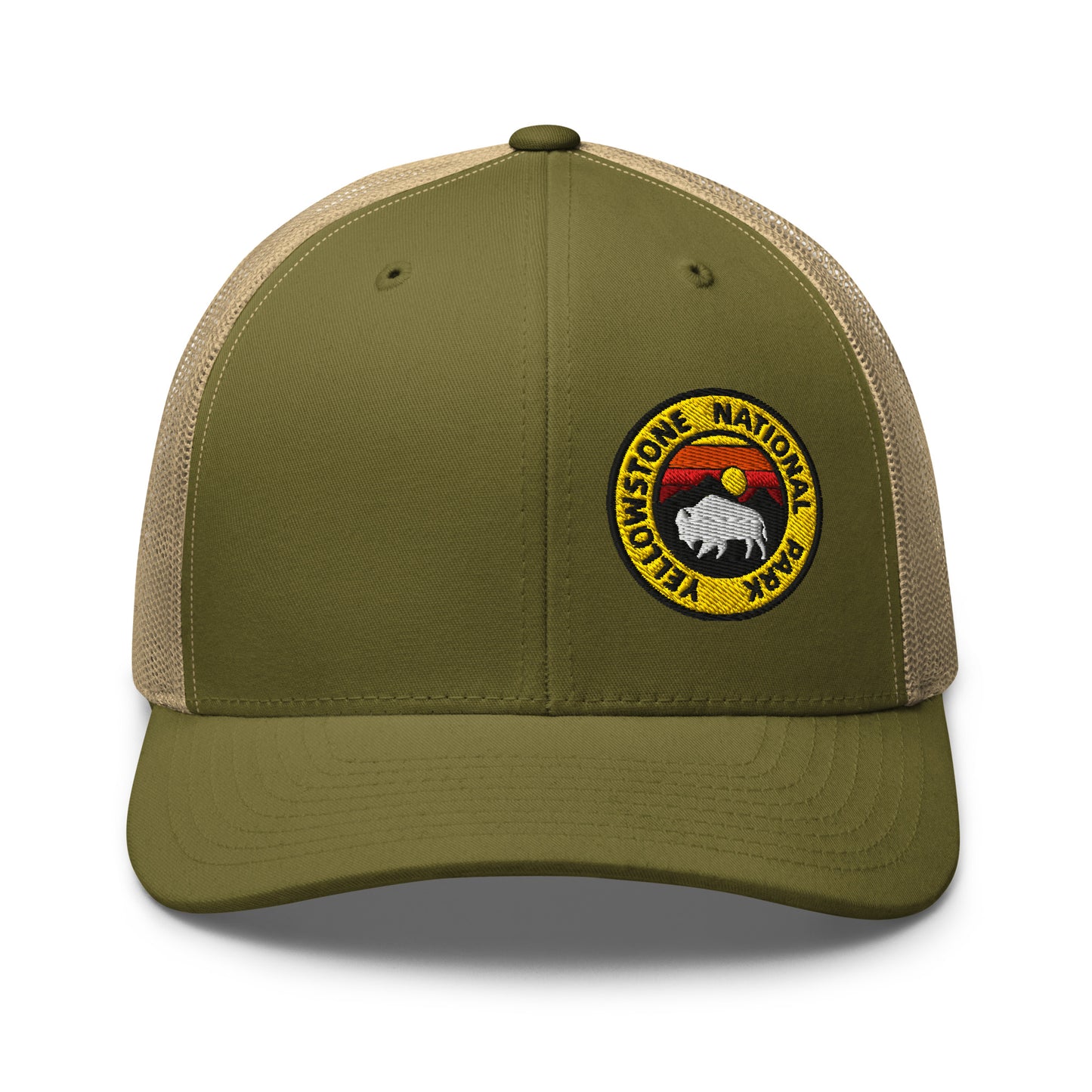 Yellowstone National Park Buffalo Sunset Hat - Yupoong 6606 Trucker Hat - Front View Color: Moss Green/Khaki