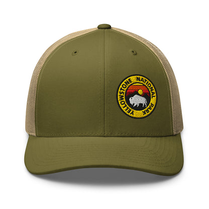 Yellowstone National Park Buffalo Sunset Hat - Yupoong 6606 Trucker Hat - Front View Color: Moss Green/Khaki