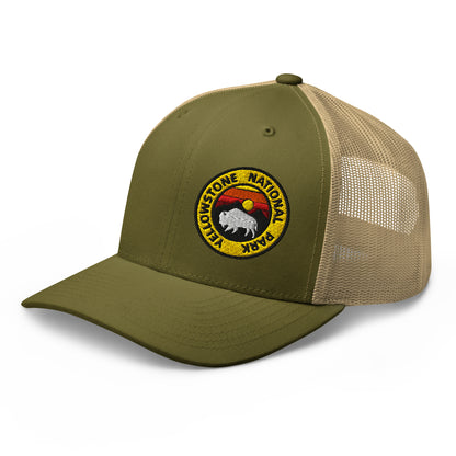 Yellowstone National Park Buffalo Sunset Hat - Yupoong 6606 Trucker Hat - Side View Color: Moss Green/Khaki