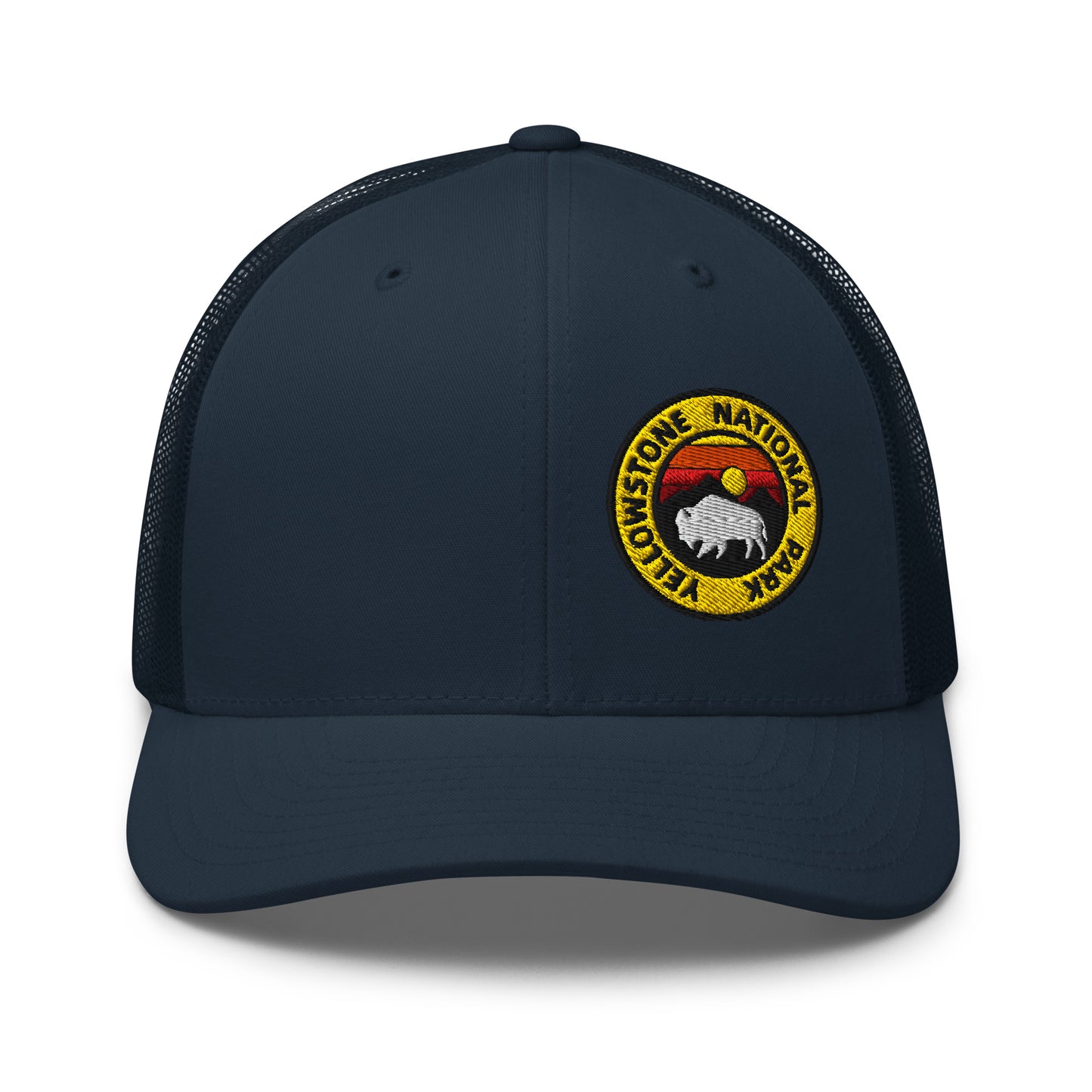 Yellowstone National Park Buffalo Sunset Hat - Yupoong 6606 Trucker Hat - Front View Color: Navy