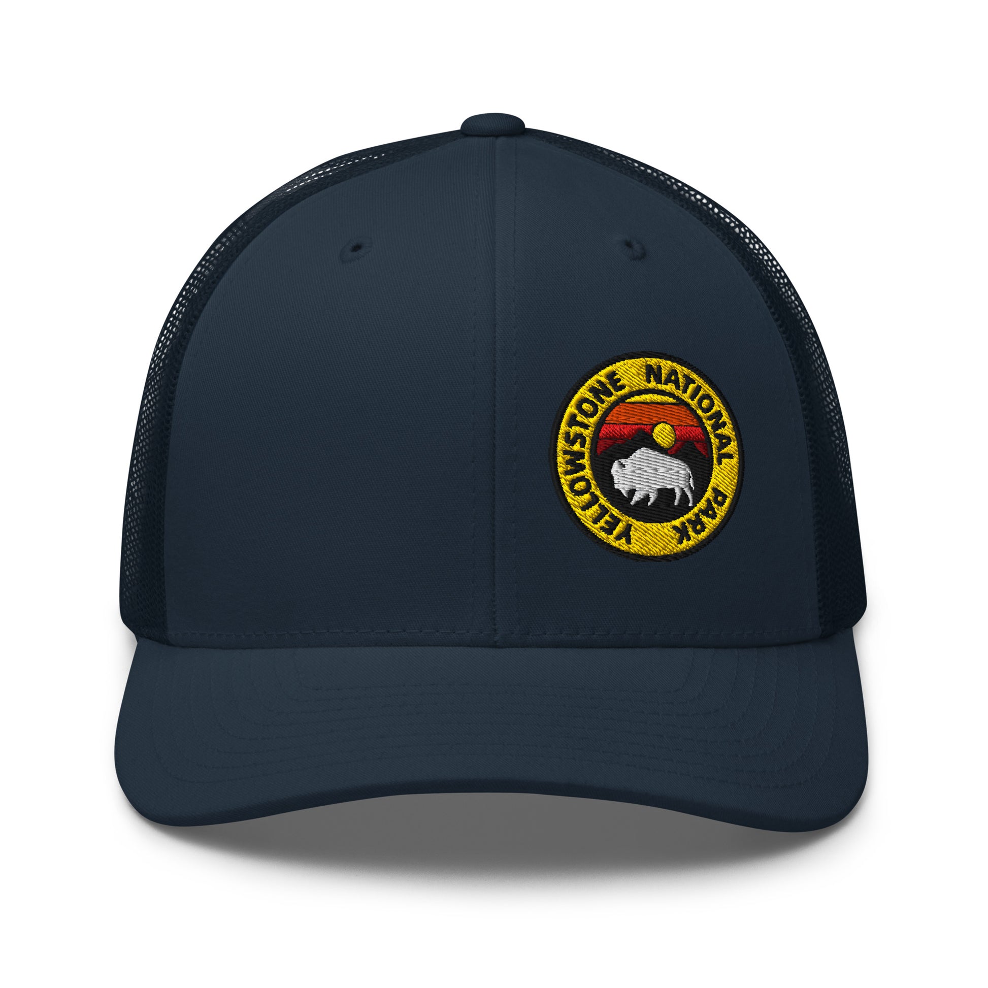 Yellowstone National Park Buffalo Sunset Hat - Yupoong 6606 Trucker Hat - Front View Color: Navy