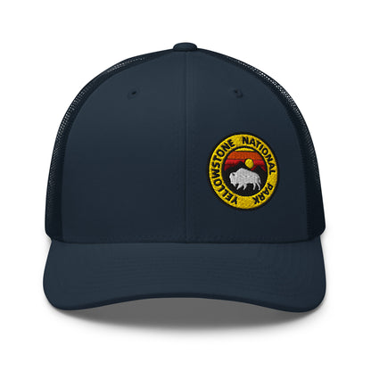 Yellowstone National Park Buffalo Sunset Hat - Yupoong 6606 Trucker Hat - Front View Color: Navy