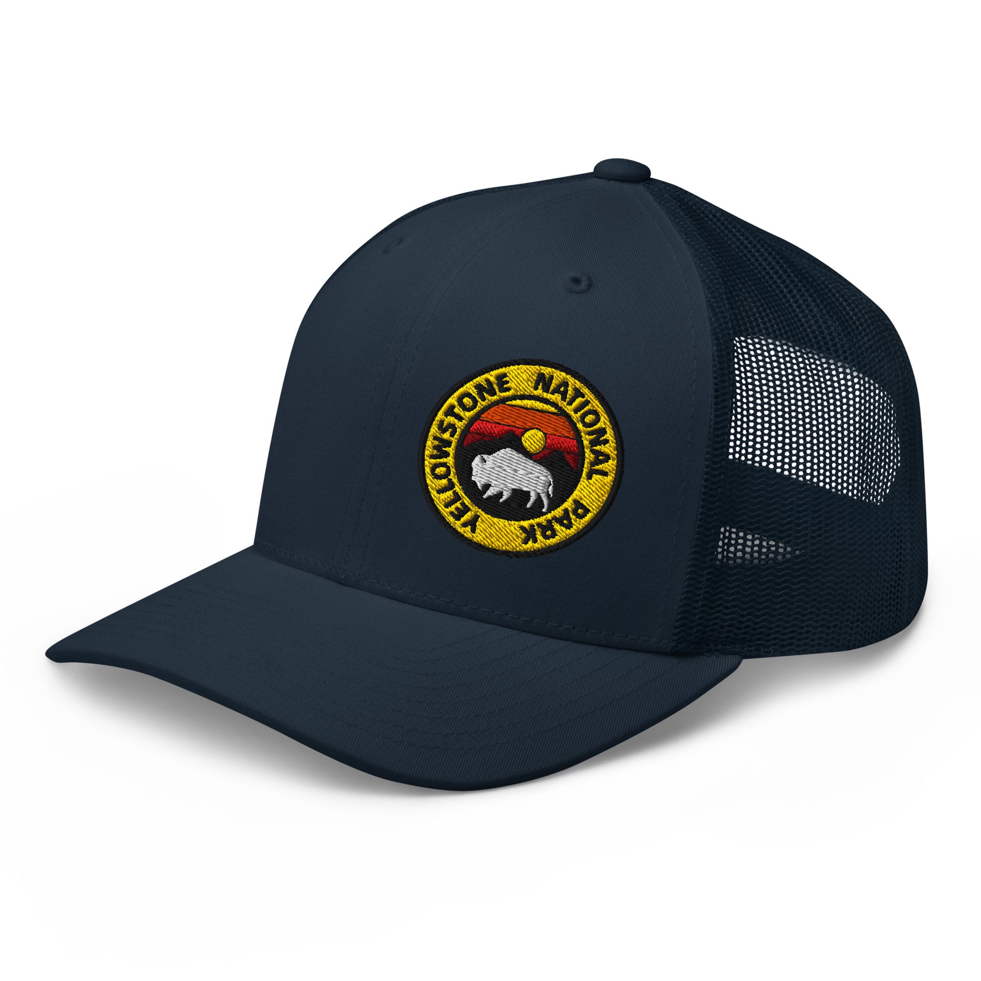 Yellowstone National Park Buffalo Sunset Hat - Yupoong 6606 Trucker Hat - Side View Color: Heather Navy