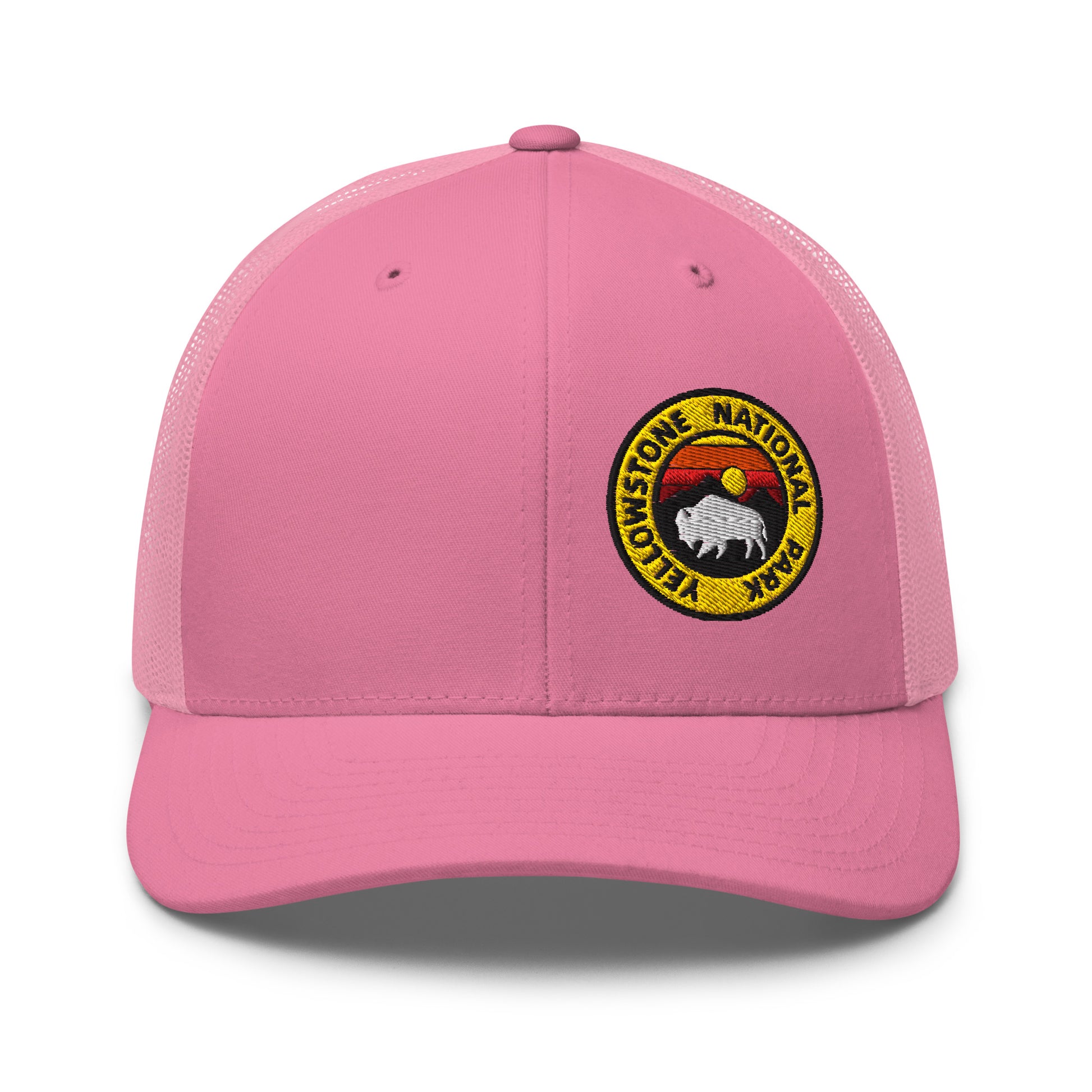 Yellowstone National Park Buffalo Sunset Hat - Yupoong 6606 Trucker Hat - Front View Color: Pink