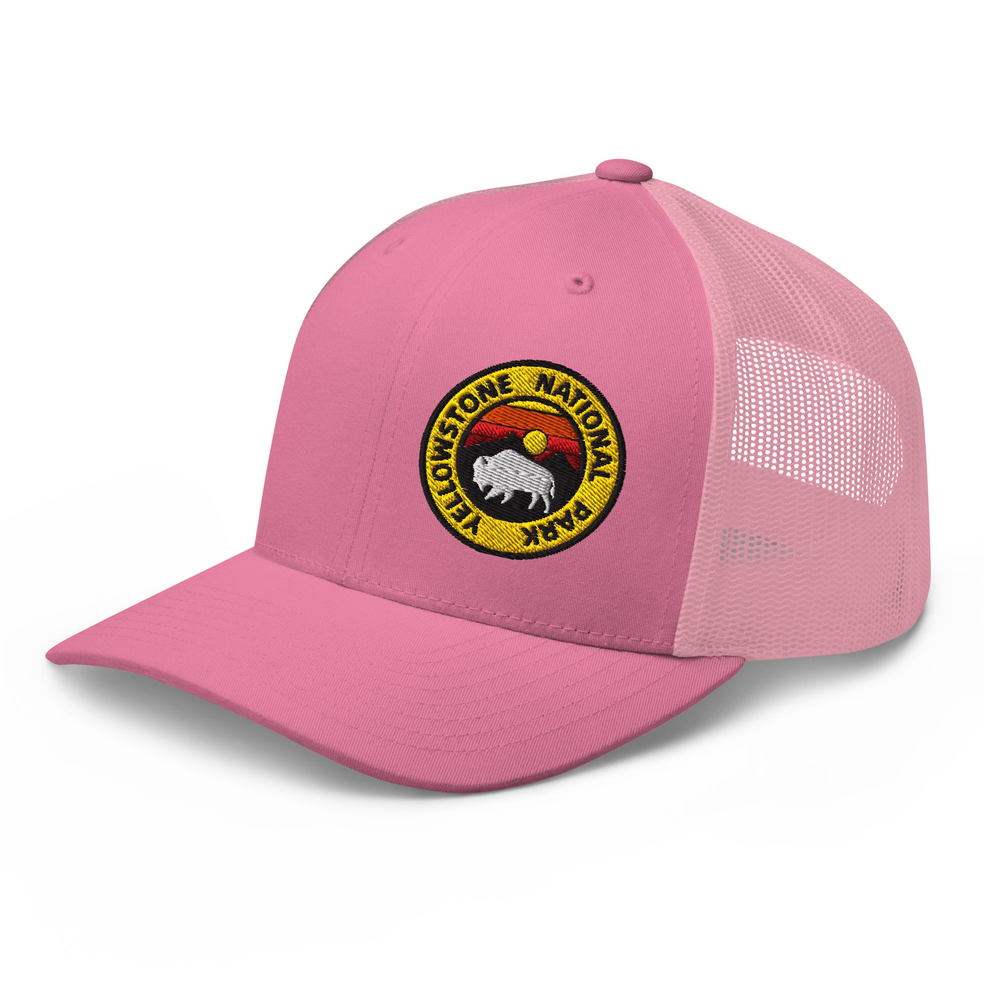 Yellowstone National Park Buffalo Sunset Hat - Yupoong 6606 Trucker Hat - Side View Color: Pink