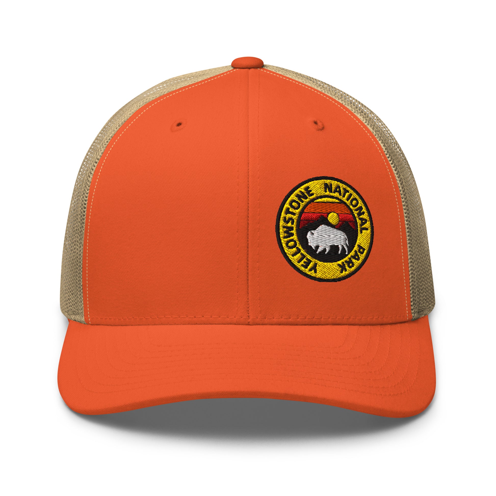Yellowstone National Park Buffalo Sunset Hat - Yupoong 6606 Trucker Hat - Front View Color: Orange/Khaki