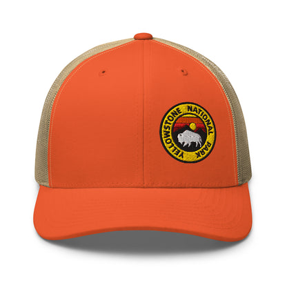 Yellowstone National Park Buffalo Sunset Hat - Yupoong 6606 Trucker Hat - Front View Color: Orange/Khaki