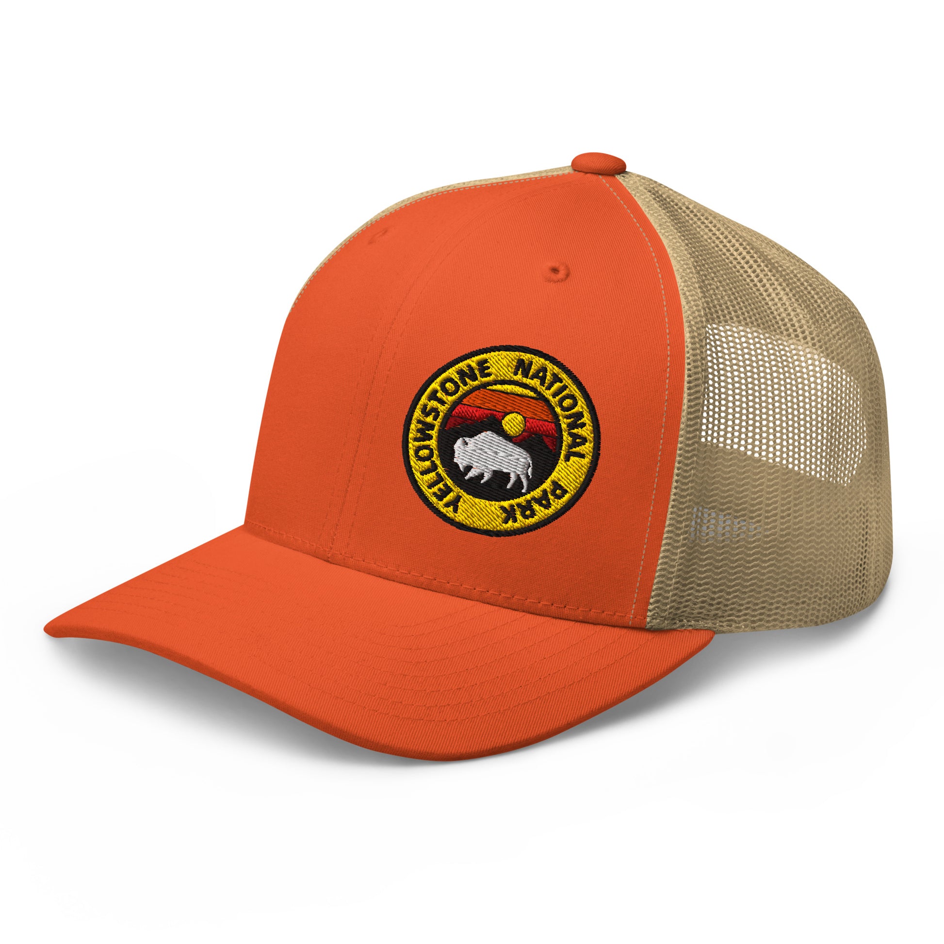 Yellowstone National Park Buffalo Sunset Hat - Yupoong 6606 Trucker Hat - Side View Color: Orange/Khaki