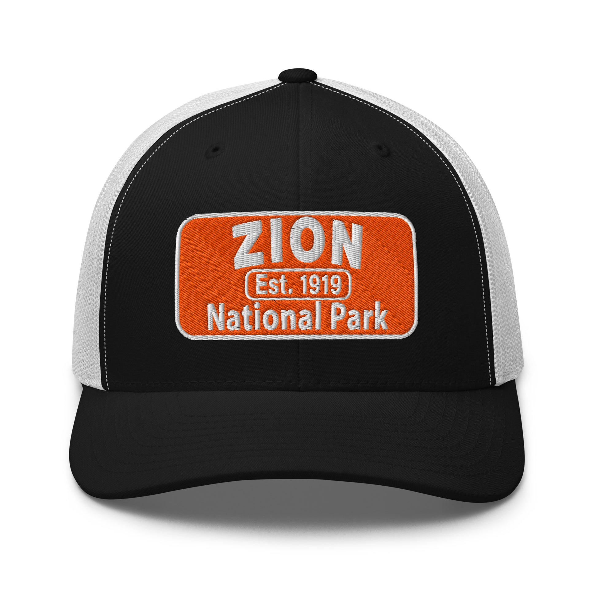 Zion National Park Hat - Yupoong 6606 Trucker Hat - Front View - Black/White