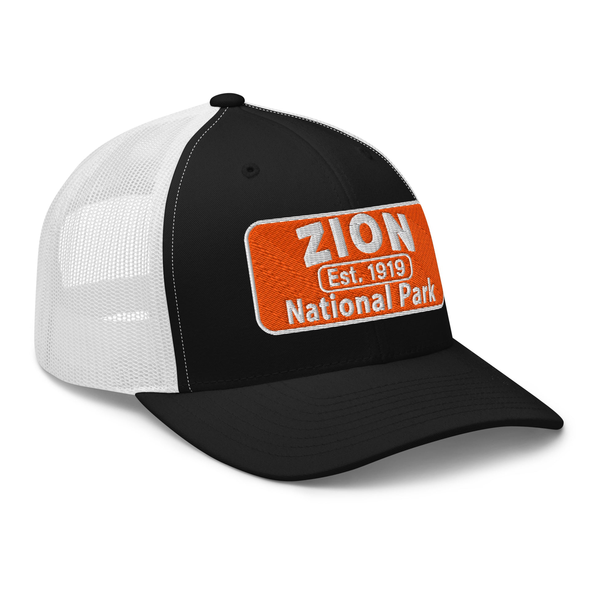 Zion National Park Hat - Yupoong 6606 Trucker Hat - Side View - Black/White