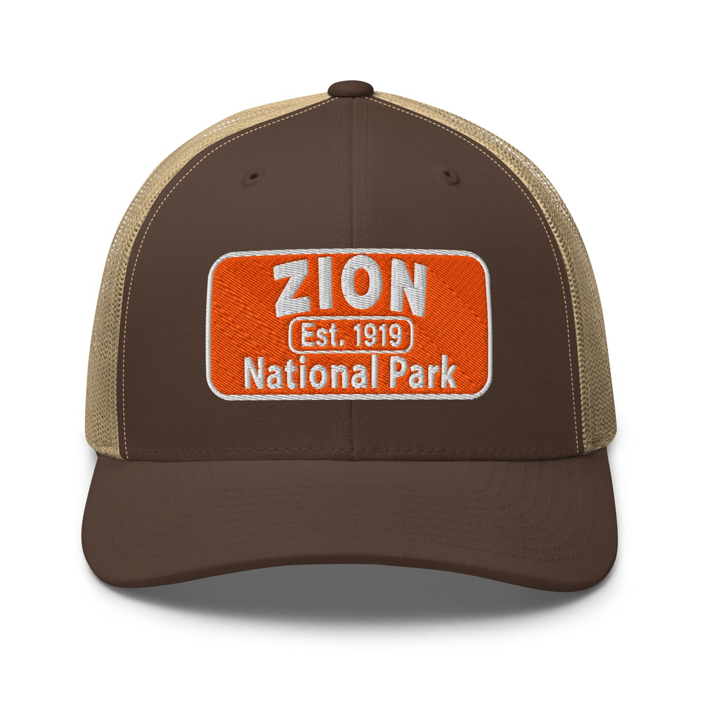 Zion National Park Hat - Yupoong 6606 Trucker Hat - Front View - Brown/Khaki