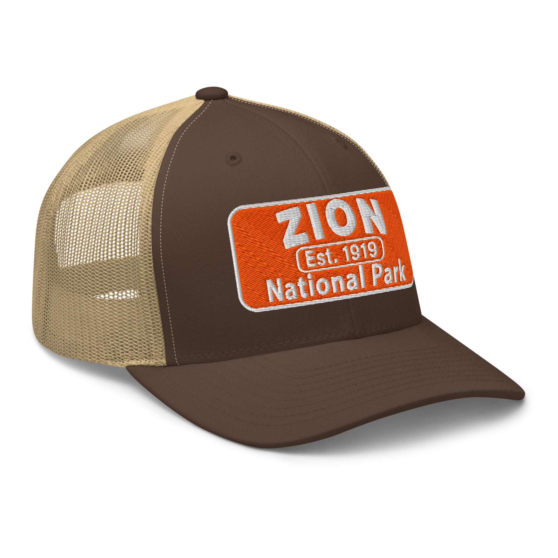 Zion National Park Hat - Yupoong 6606 Trucker Hat - Side View - Brown/Khaki