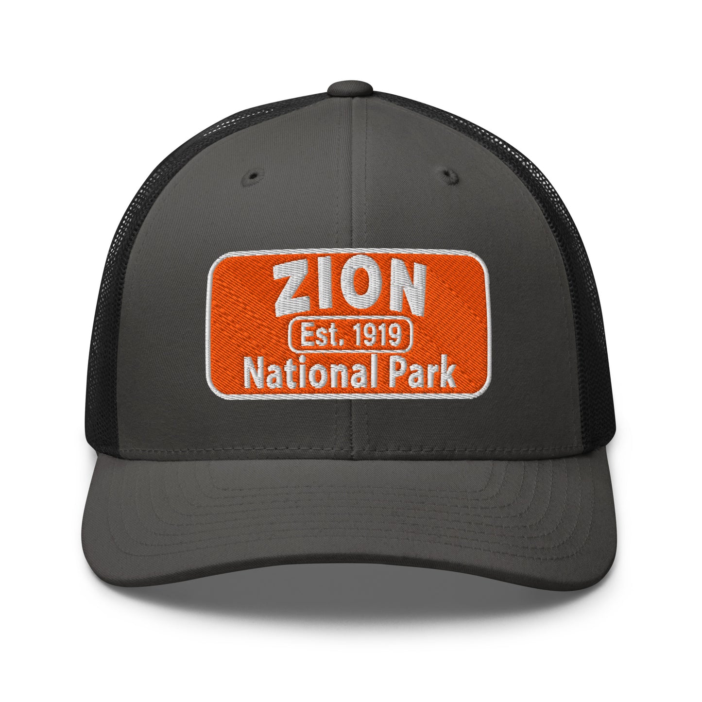 Zion National Park Hat - Yupoong 6606 Trucker Hat - Front View - Charcoal/Black