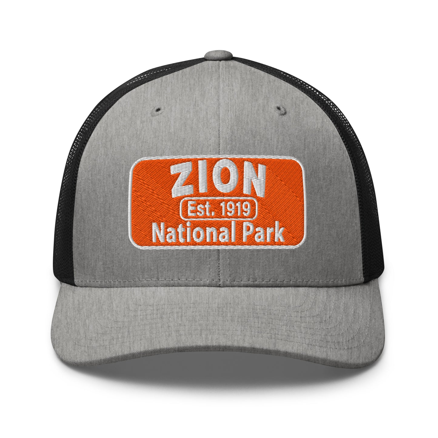Zion National Park Hat - Yupoong 6606 Trucker Hat - Front View - Heather Gray/Black