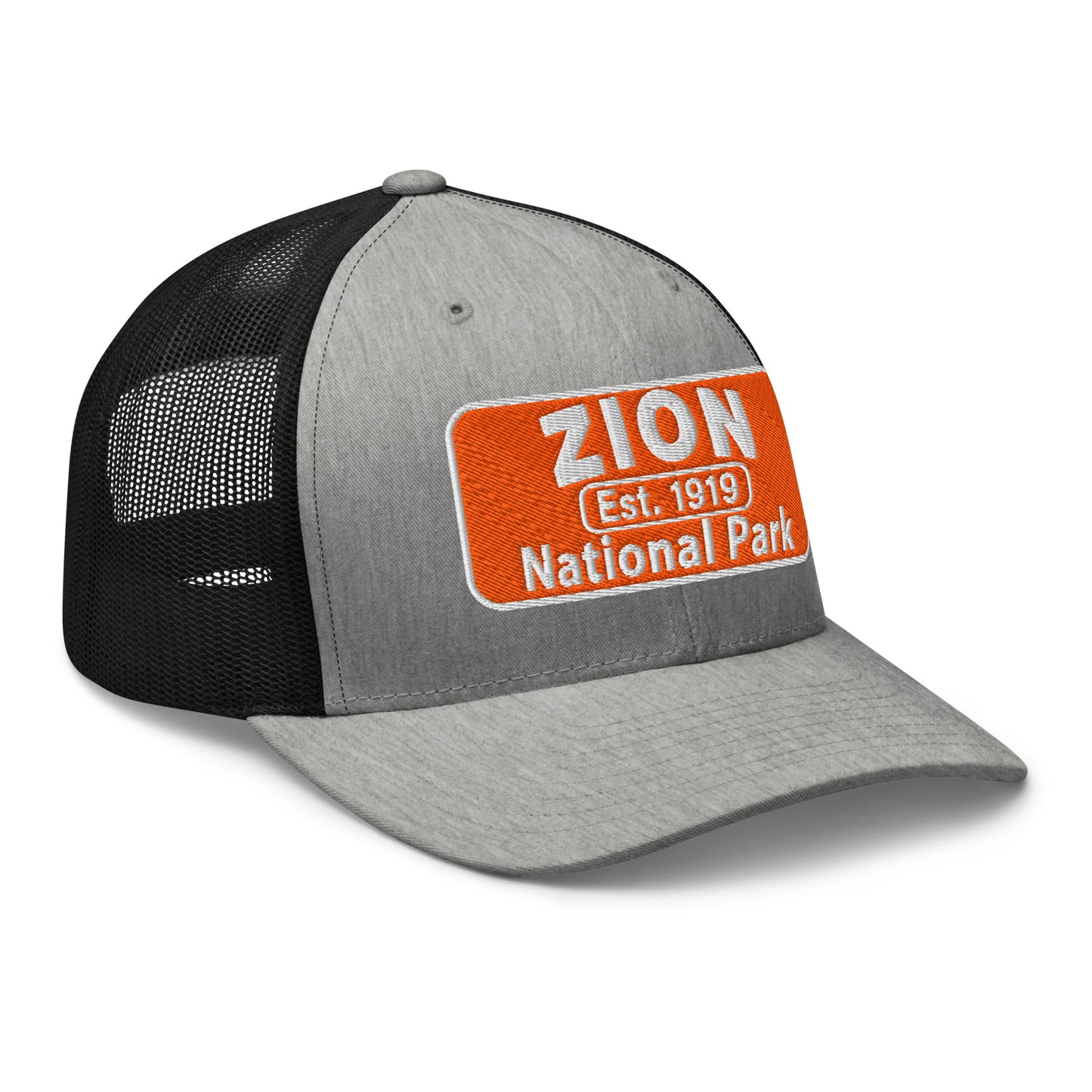 Zion National Park Hat - Yupoong 6606 Trucker Hat - Side View - Heather Gray/Black