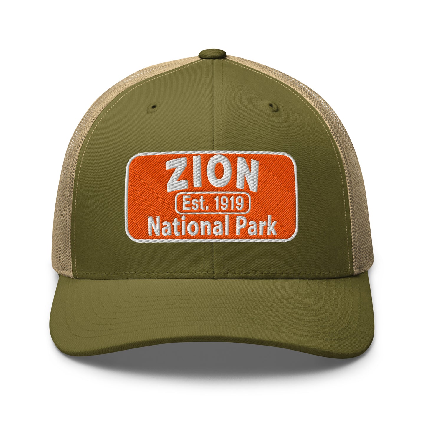Zion National Park Hat - Yupoong 6606 Trucker Hat - Front View - Moss Green/Khaki