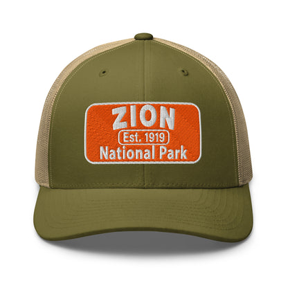 Zion National Park Hat - Yupoong 6606 Trucker Hat - Front View - Moss Green/Khaki