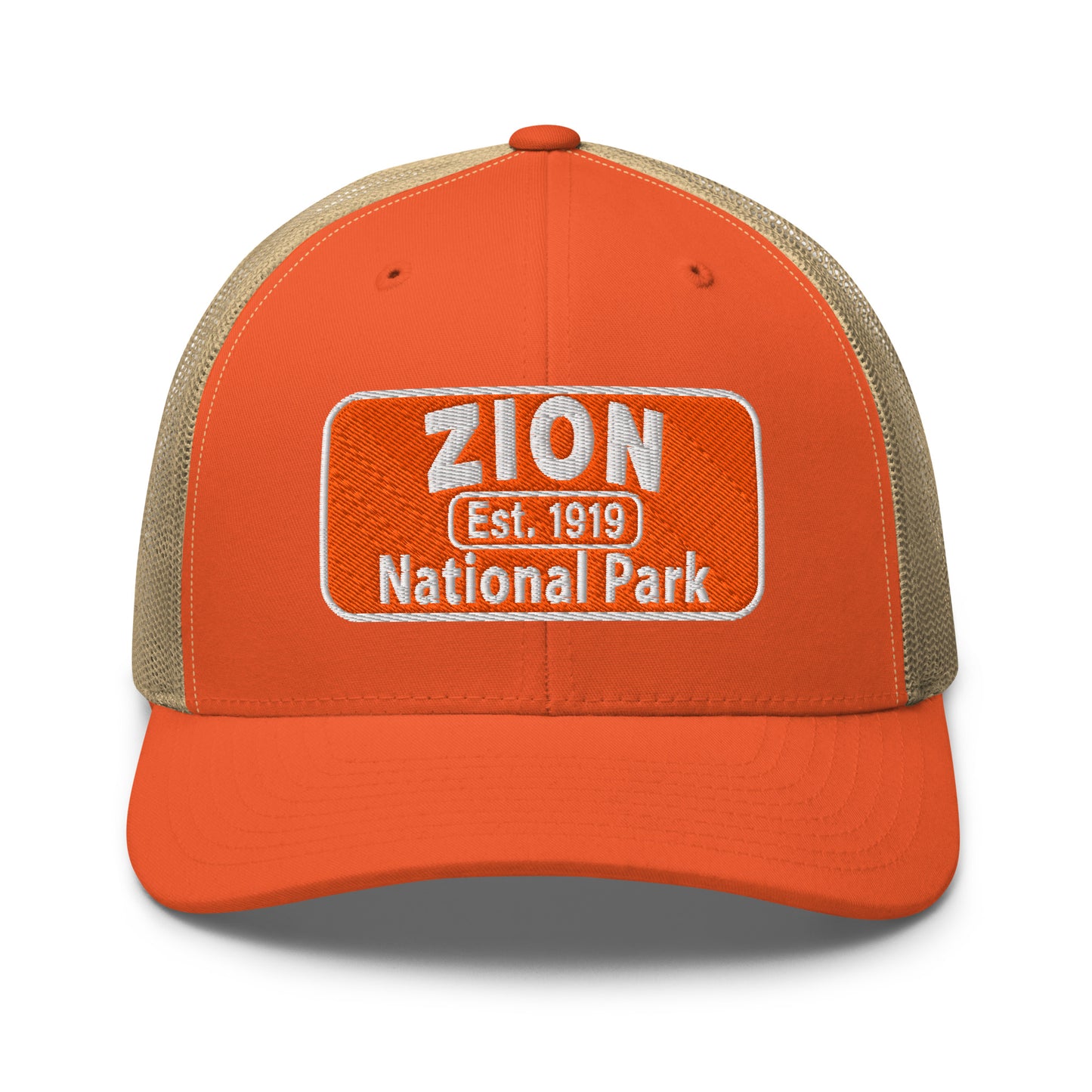 Zion National Park Hat - Yupoong 6606 Trucker Hat - Side View - Orange/Khaki