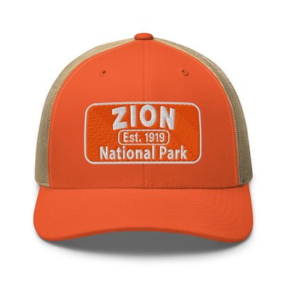 Zion National Park Hat - Yupoong 6606 Trucker Hat - Side View - Orange/Khaki